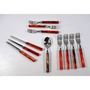 INOX 18/10 Faux Bamboo Flatware 11-Piece Resin Made in Italy Stainless Vintage